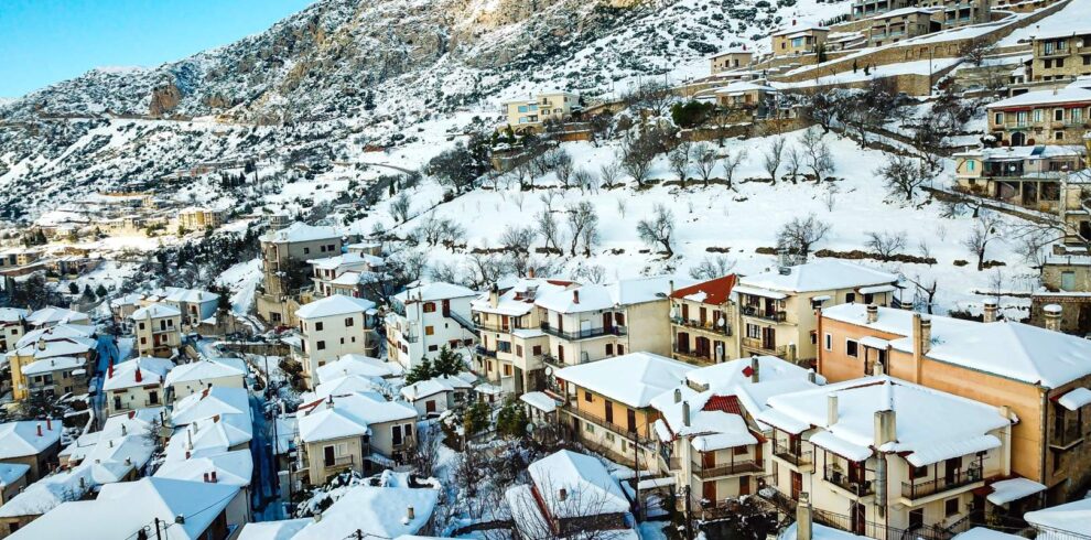 Snow-covered village of Arachova on Mount Parnassus, a picturesque winter getaway near Athens, Greece.