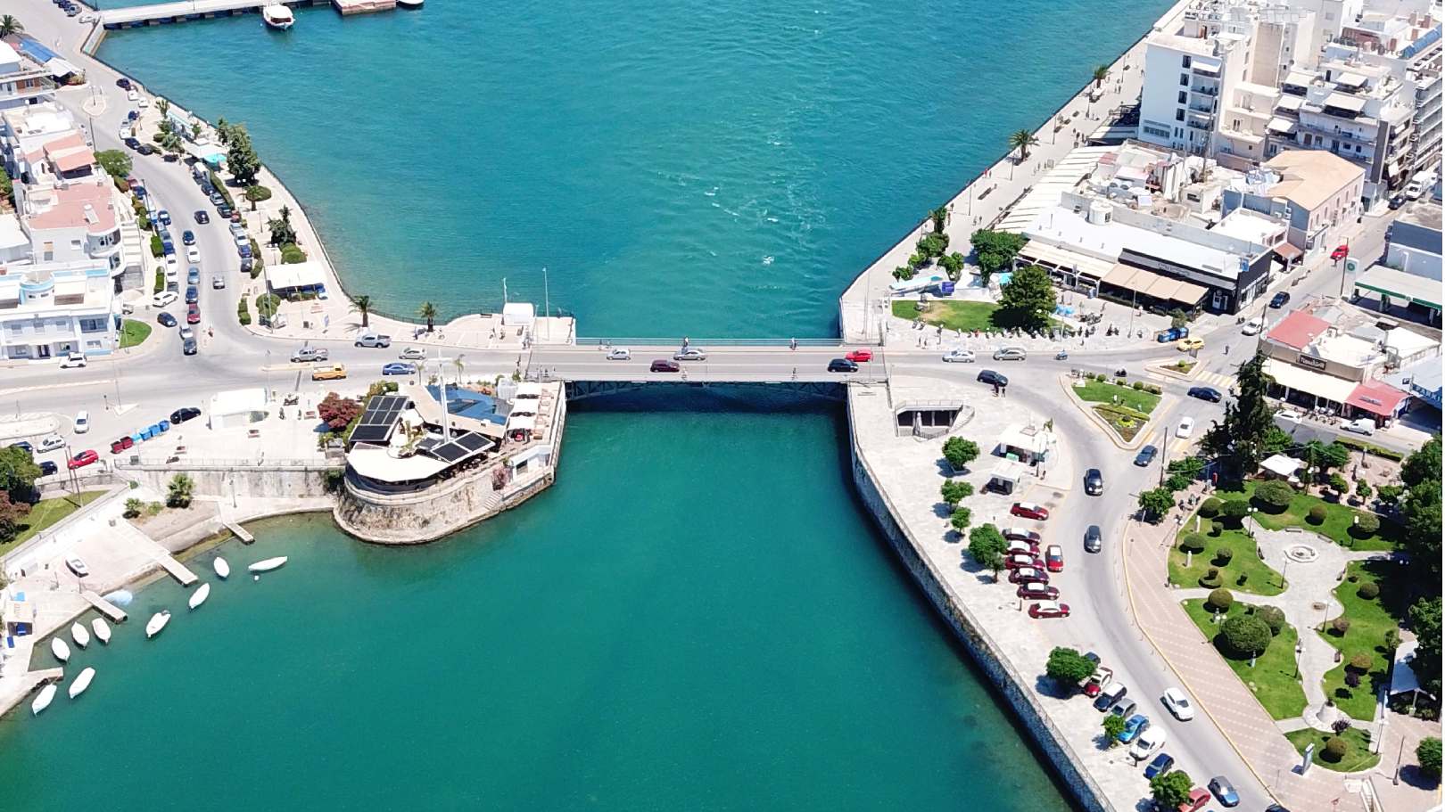 Aerial view of the Evripos Strait and its famous sliding bridge in Chalkida, connecting Evia island to mainland Greece.