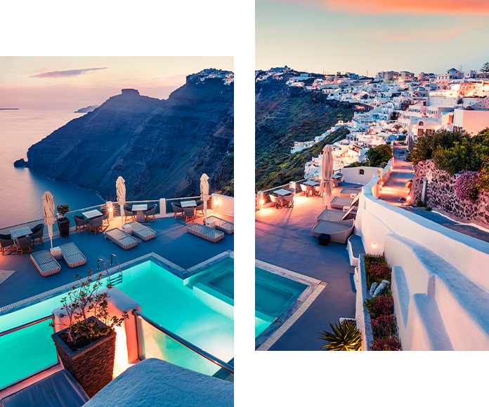 Luxury cliffside villas and infinity pools in Santorini at sunset, offering personalized travel experiences and curated itineraries.