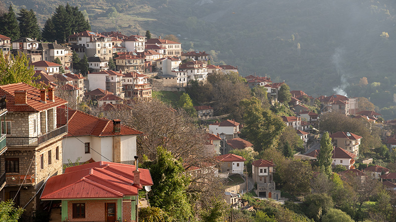 Traditional mountain village with red-roofed stone houses nestled in the lush green hills of northern Greece.