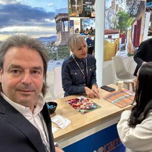 Cosmorama DMC team member meeting with travel professionals and presenting Greece experiences at FITUR 2026 in Madrid.