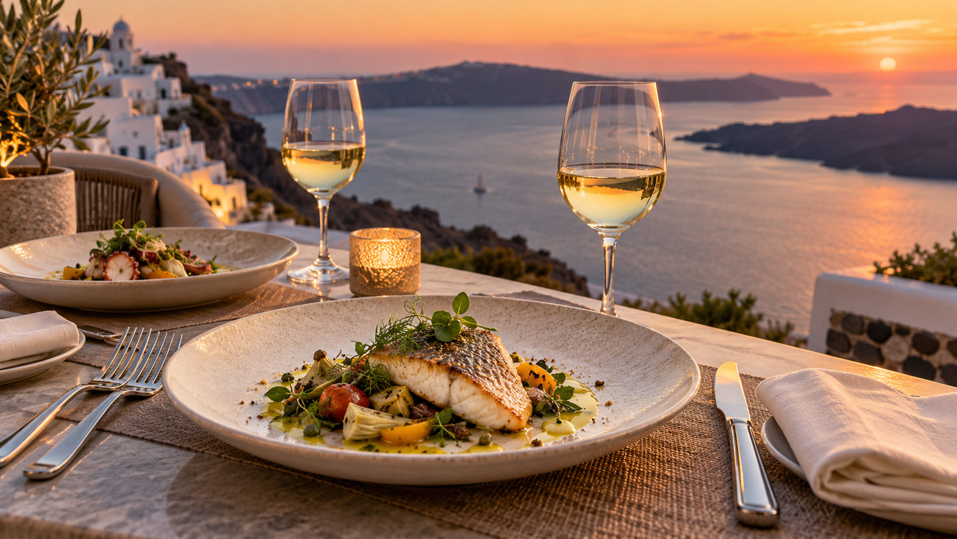 Fine dining table with white wine overlooking the Santorini caldera at sunset